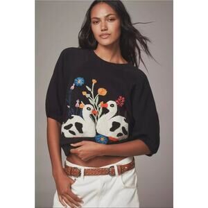 NWT Anthropologie Tufted Ducks Embroidered Flower Cotton Sweatshirt. Ret. $118